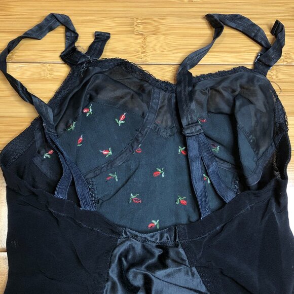 Vintage Pinup Black w/ Red Roses Longline Bustier Garters Bodysuit XS Bettie - Picture 8 of 10